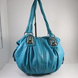 B. Makowsky Turquoise Leather Shoulder Bag with Leopard Lining